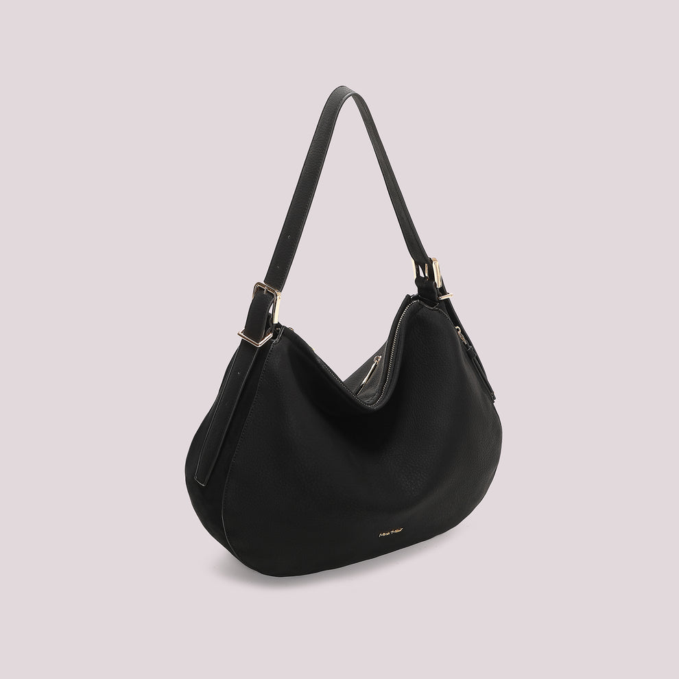 BORSA  A SPALLA CON FIANCHI EFFETTO CAMOSCIO MIMI' MUA' COLORE NERO