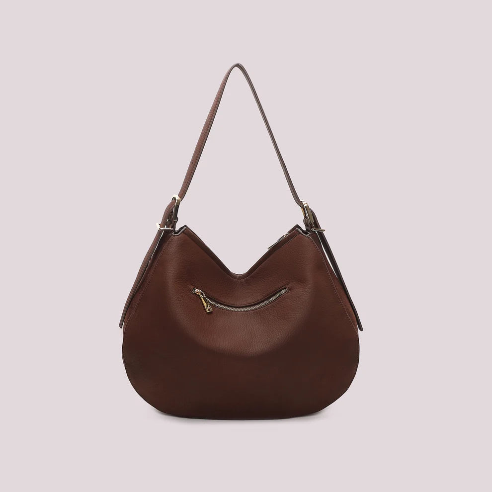 BORSA A SPALLA CON FIANCHI EFFETTO CAMOSCIO COLORE MORO