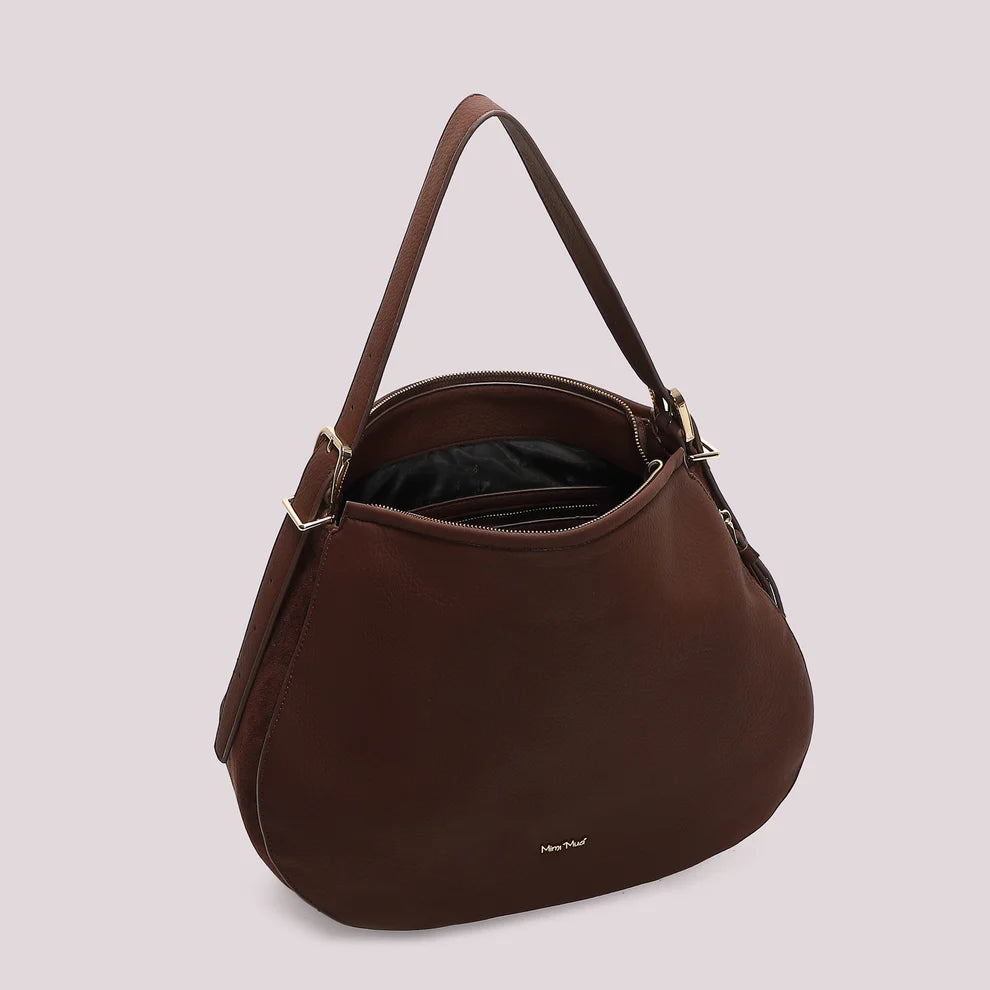 BORSA A SPALLA CON FIANCHI EFFETTO CAMOSCIO COLORE MORO