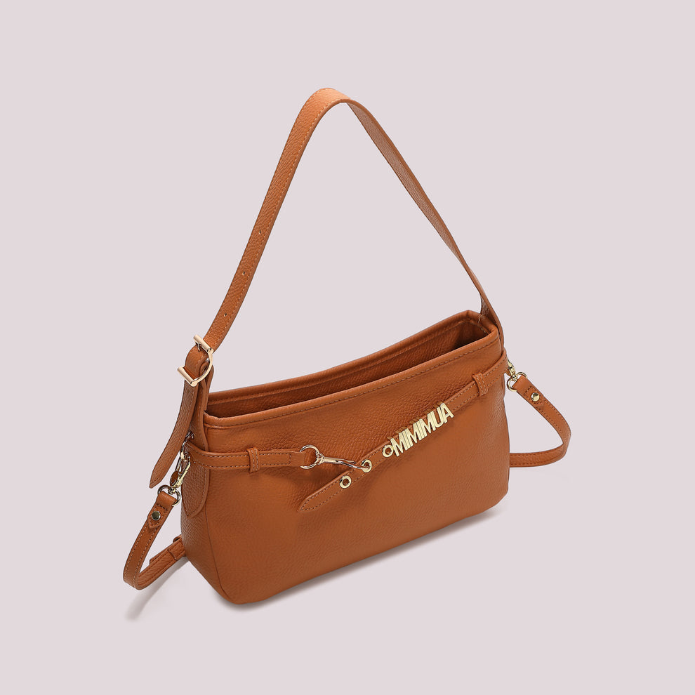 BORSA  A SPALLA CON LETTERE MIMI' MUA' COLORE CAMMELLO