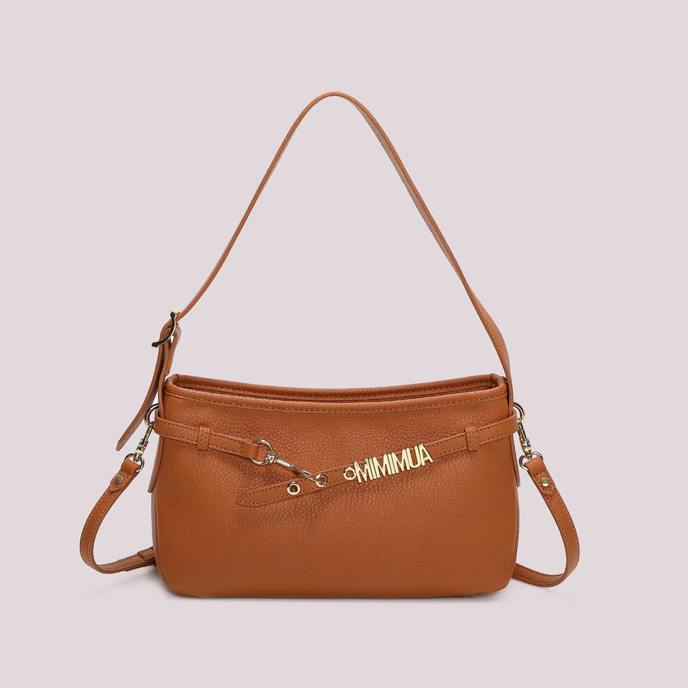 BORSA  A SPALLA CON LETTERE MIMI' MUA' COLORE CAMMELLO