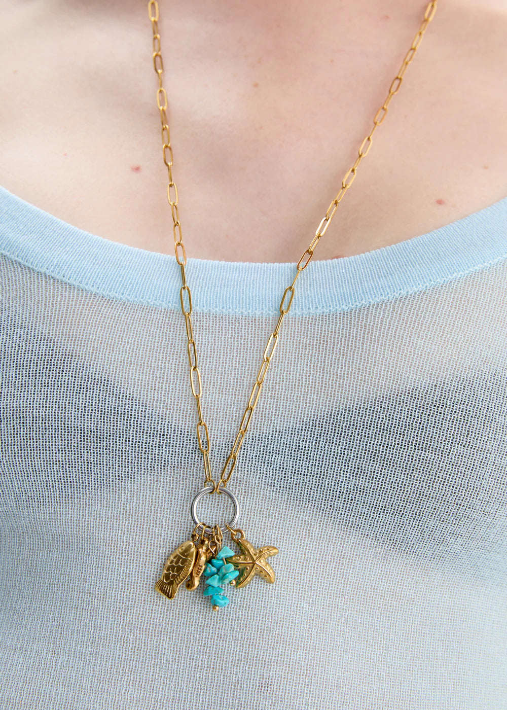 COLLANA CHAIN PERLINE E PESCI NALI